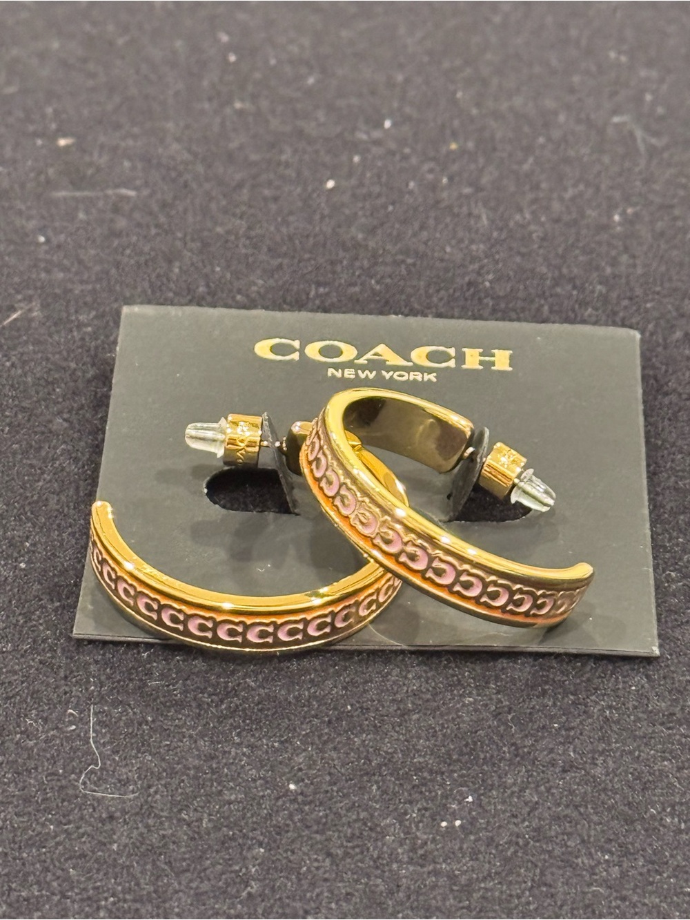 NWT COACH Large Signature Enamel Hoop Earrings Gold Multicolor Orange Pink Taupe
